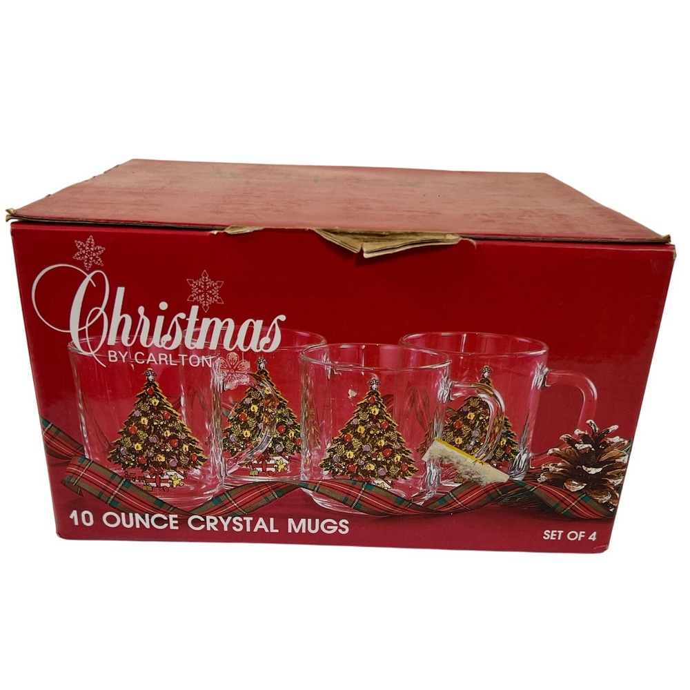 NEW Carlton Christmas Tree‎ Crystal Coffee Mugs Set of 4 Holiday Decor 10 oz